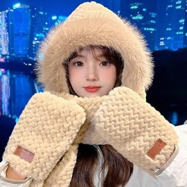 Hooded Muffler Balaclava Hat Scarf Gloves Integrated Knitted Style Set Beige