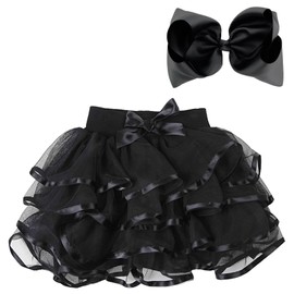 BGFKS 4 Layered Tulle Tutu Skirt for Girls with Matching Hairbow,Girl Ballet Tutu Skirt (Black, 7-10 Years)