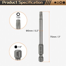 QUARKZMAN 5 Pieces T25 Torx Bit Screwdriver Bit Set 1/4 Inch Hex Shank 3 Inch (75 mm) Long Magnetic Hex Without Hole Tip Screwdriver Drill Bits S2 Steel for Torx Screws