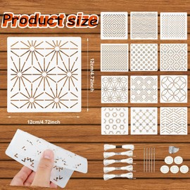 WADY 28pcs Plastic Sashiko Stencil Kit, 12pcs Geometric Sashiko Pattern Embroidery Template Stabilizers, 1pcs Thimble 5pcs Needle 5 Roll Threads 5 Finger Holders for Sewing Embroidery Hand Quilting