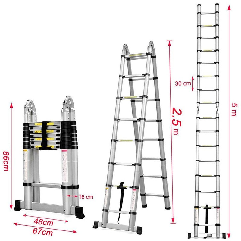 2.5M+2.5M(5M/16.5Ft) Telescopic Ladder Household Ladders,Aluminum Telescoping Extension Ladder A-Frame Lightweight