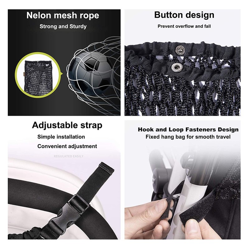 Stroller Mesh Bag Top Button Large Capacity Strap Adjustable Strong