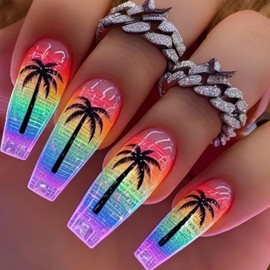 EYZOTSF Press on Nails Coffin Shaped Acrylic Extra Long Square False Nails with Designs Artificial Long Length Coffin Fake Nails with Charms Glue Stick ons Fingernails for Women Girls(Y829)