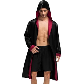 SWOMOG Mens Robe Hooded Wrap Style Mid Length Silk Satin Kimono Bathrobe
