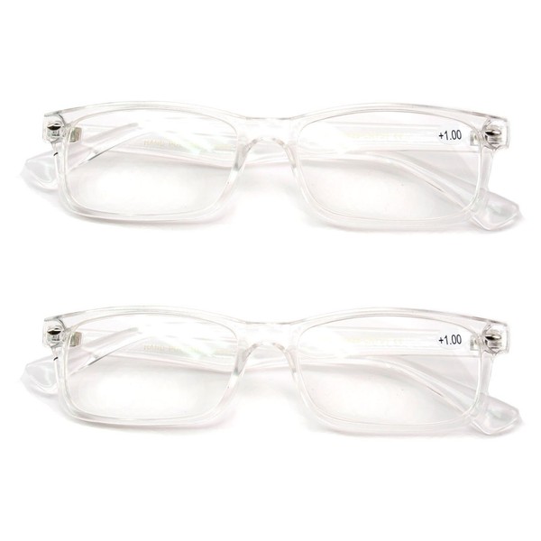 2 Pairs Casual Fashion Rectangular Reading Glasses - Stylish Simple Readers Magnification (Clear, 2.75)