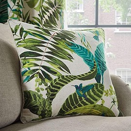 restmor Tropical Leaf Cushion Covers in Green and Blue Floral Print Hummingbird Cushion cases pillow cases Piped Trim Square covers