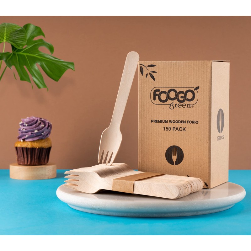 FOOGO Green 450pcs Disposable Wooden Forks 16cm Biodegradable Compostable Eco
