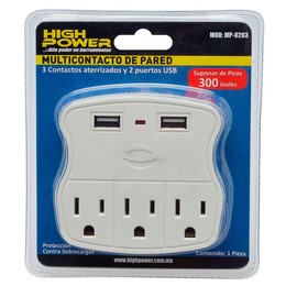 HIGH POWER Multicontacto de Pared con 2 Puertos USB y 3 Contactos aterrizados, Marca, Modelo: MP-03