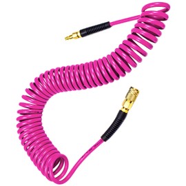 YOTOO Polyurethane Recoil Air Hose, Air Compressor Hose 1/4" Inner Diameter by 25' Long with Bend Restrictor, 1/4" Industrial Quick Coupler and Plug, Pink