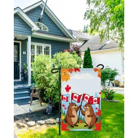 Cute Beaver and Canada Flag Linen Garden Flag,12x18 Inch Canadian Maple Banner Decor,1x1.5 FT Digitial Double-Printed Durable 300D Thick Decorations For Farmhouse Yard Outdoor