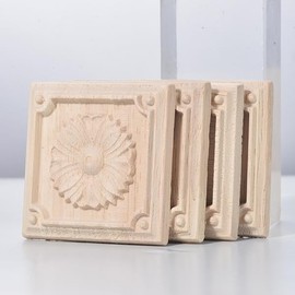 4 Pcs Decorative Wood Carved Appliques Onlays Small Flower Square Rosette, 2.35x 2.35inch Unpainted Solid Wood Square Carving Decal for Furniture Cabinet Closet Decoration