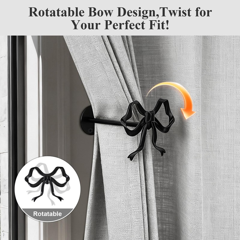 Tocemei 2 Pack Black Bow Curtain Holdbacks, Modern Matte Metal