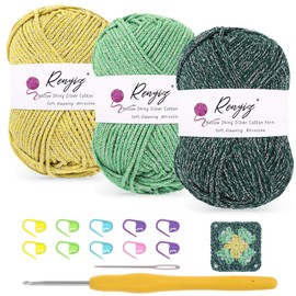 Crochet Yarn for Beginners – 3x50g Hollow Shiny Silver Cotton DK Yarn with 3.5mm Hook and Tools – Soft Sparkling for Knitting, Amigurumi & Granny Squares (Yellow+Green+Dark Green)