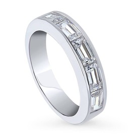 BERRICLE Sterling Silver 5-Stone Wedding Rings Channel Set Emerald Cut Cubic Zirconia CZ Anniversary Half Eternity Ring for Unisex, Rhodium Plated Size 8