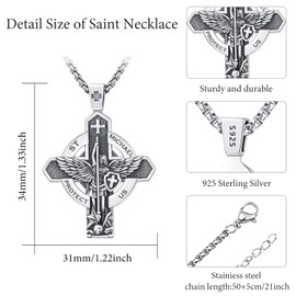 St Michael Necklace 925 Sterling Silver Archangel Michael Cross Pendant Religious Jewellery Amulet Gifts for Men Women