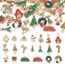 KISSITTY 40pcs Christmas Enamel Charms for Jewelry Making Crystal Rhinestone Reindeer Tree Wreath Bell Snowflake Snowman Dangles Pendants for Xmas Earrings Bracelets Necklaces Gifts