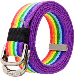 Shirolilu Double D-Ring Metal Buckle Canvas Colorful Web Belt, Adjustable Mulit-Color Striped Travel (Colorful Rainbow, 53 inch)