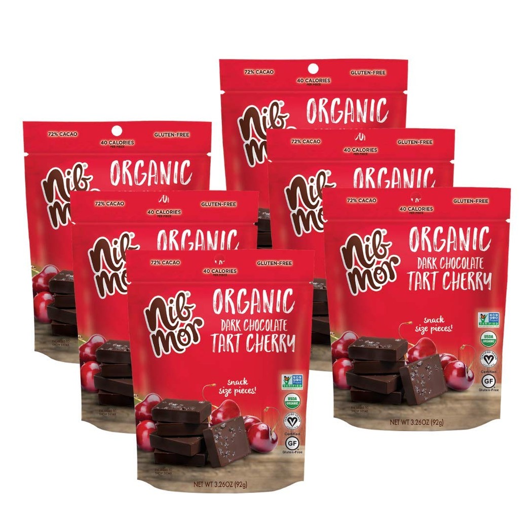 Nib Mor Organic Dark Chocolate Snacking Bites with 72% Cacao - Tart Cherries, 3.26 Ounce (Pack of 6)