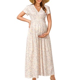 OUGES Maternity Maxi Dress Wrap V Neck Baby Shower Pregnancy Dresses for Photoshoot Summer Maternity Clothes 2025(Apricot Little Red Floral,M)