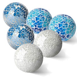 3 in Decorative Orbs Glass Balls Set of 6,Mosaic Sphere Globe for Whole Housewares,Wedding/Birthday,Bowls,Vases Dining Table Centerpieces (White,Bright Blue,Ocean Blue)