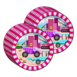 Girl Pink Construction Trucks Birthday Party Supplies Set Plates Napkins Cups Tableware Kit for 16