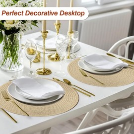 HEYOMART Round Placemats and Coasters Set of 6, Christmas Placemats Gold Washable Placemats 34cm Woven Bling Placemats Christmas Round Place Mats Glitter Dinner Table Mats for Holiday, Party, Wedding