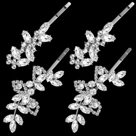 Isslly 4PCS Silver Rhinestones Hair Clips, Bridal Crystal Hair Pins, 2 Styles French Hairpins Alloy Leaf Shape Barrettes for Women, Girls for Wedding, Parties (2 Pairs)
