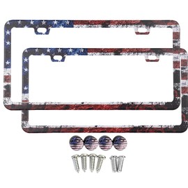 2 Pack License Plate Frames (USA American Flag Design) - Stainless Steel License Plate Frame with Screws Fasteners Caps (Rustic)