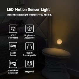 Alastech - Luz nocturna recargable, mini sensor de movimiento, luz nocturna LED, sensor de atardecer a amanecer, 3 colores de temperatura seleccionable para recámara, clóset, escaleras, clóset, pasillo, cocina, blanco, paquete de 2