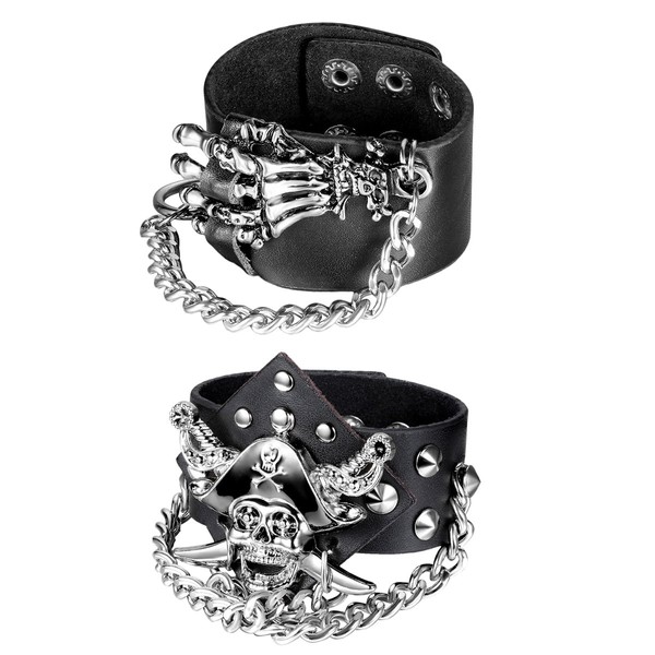 Oidea Men's Leather Bracelet Set (3 Pieces) Punk Rock Style