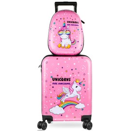 Kids Luggage and Backpack 18 Suitcase with Spinner Wheel Hard Case Travel Suitcase 13 Backpack Girl Suitcase Set for Kids Supplies (Pink, Unicorn Style)