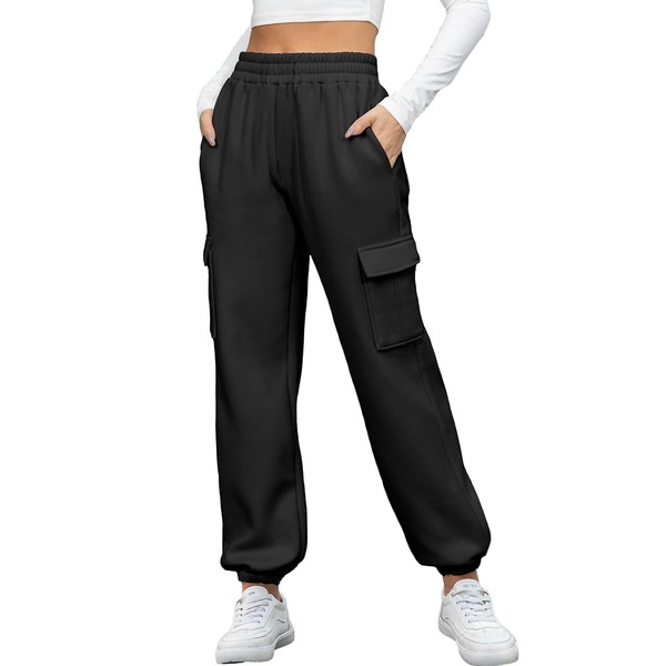 Oleda Cargo Sweatpants Women High Waisted Joggers Baggy Jogging Pants Womens Casual Track Sweat Pants Fleece Lounge Pants Workout Trousers with Pockets Black