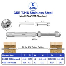 [Patent]CKE 20 Pack 1/8" Swageless Cable Railing Kit, Swageless Stud Tensioner End for Wood/Metal Post Deck Stair Cable Railing Hardware T316 Stainless Steel Swageless Cable Railing Tensioner Fittings
