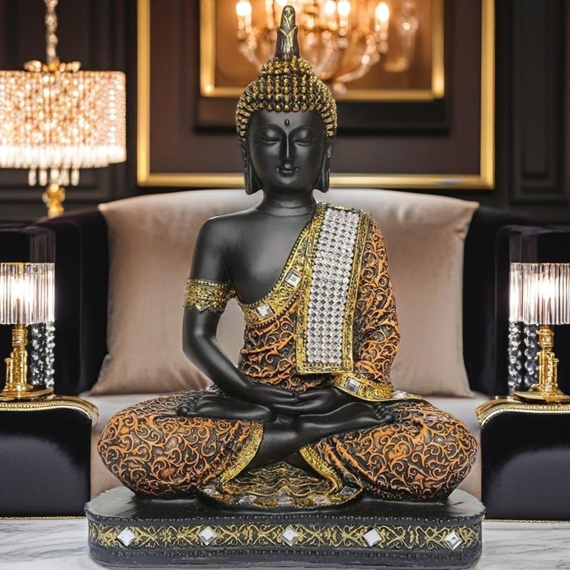 Global Grabbers Sitting Buddha Idol Statue Showpiece Orange and Black