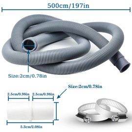 twoonto Drain Hose Extension for Washing Machines, 5M Universal Washing Machine Hose, Drain Hose Dishwasher Extension Set Including Hose Connector and Hose Clamps