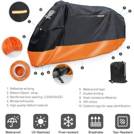 XYZCTEM Motorcycle Cover – All Season Waterproof Outdoor Protection – Precision Fit up to 97 Inch Tour Bikes, Choppers and Cruisers – Protect Against Dust, Debris, Rain and Weather (Black& Orange)