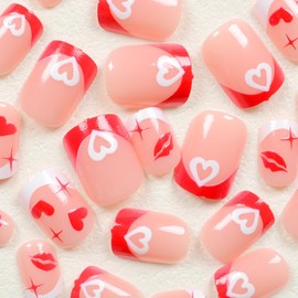 Short Square Valentine's Day Press on Nails Red&White French Glue on Nails with Heart Lips Glossy Valentine's Day Acrylic False Nails Cute Nude Stick on Nails for Women Nail Art Decoration 24 Pcs