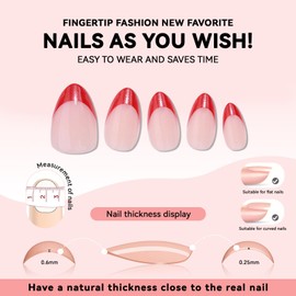 CUZIAM Red French Tip Press on Nails Short Almond, Soft Gel Glossy Red Stick on Nails, Reusable Natural Fall Halloween Glue on Nails Valentine's Day False Fake Nails Kit for Women,32Pcs 16 Sizes