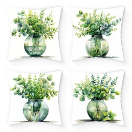 Umootek 4pcs Green Leaves Throw Pillow Covers, 18x18in Square Short Plush Botanical Decorative Throw Pillow Cushion Cases Cover for Outdoor Sofa Patio Couch Car Home Farmhouse Decor