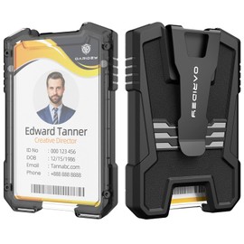 Oaridey Badge Holder/ID Card Holder/Portable Travel Wallet with Manganese Steel Clip, Heavy Duty Vertical Clear ID Holder for Work ID, Credit Cards- Black Genuine Leather