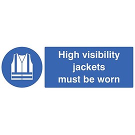 Hi Vis Jackets Worn, Rp, External Height 100mm, Width External 300mm, Sign Color Blue on White, Sign Legend Hi-Vis Jackets Must be Worn, Sign Material Plastic, Sign Type