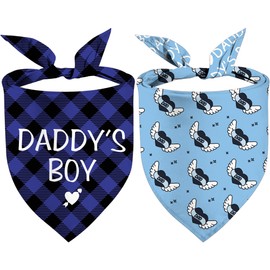 Fathers Day Dog Bandanas, Daddy's Boy Reversible Pet Scarf for Boy Dogs, Dual-Layer Design 2 Pack, Love Daddy Holiday Puppy Dog Kerchief Gifts