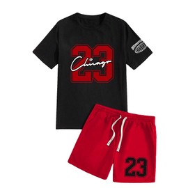 SHENHE Men's Graphic Short Sleeve Crew Neck Tee and Track Shorts Set 2 Piece Summer Outfits Black and Red XX-Large