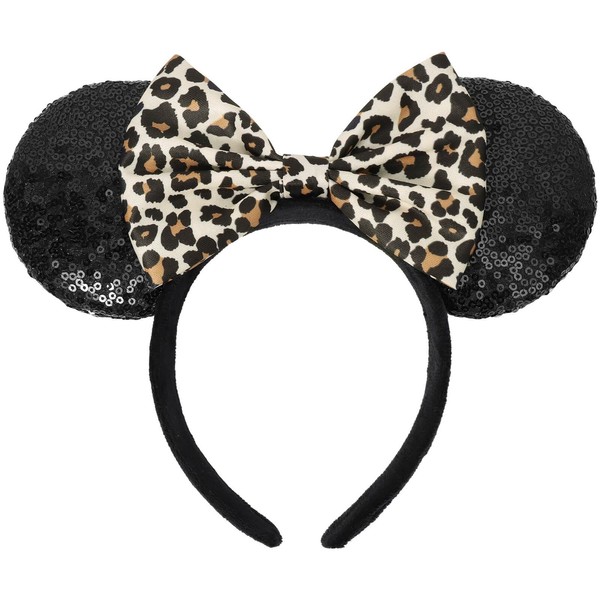 UNKJIN Mouse Ears Headband, Sequin Ears Headband with Leopard Bow,