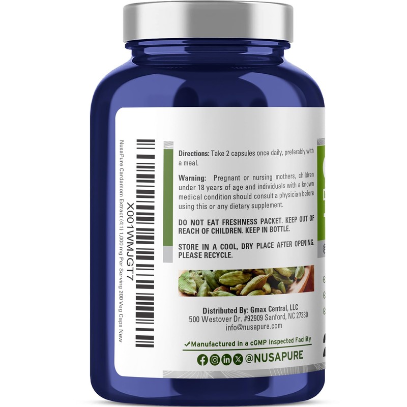 NusaPure Cardamom Capsules, 1000 mg, 200 Veg Capsules (Non-GMO, Vegan)