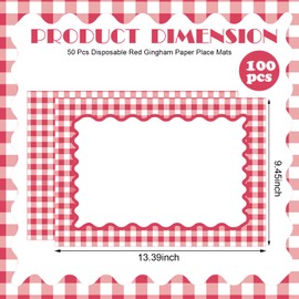 Eaasty 100 Pcs Disposable Red Gingham Paper Placemats Summer Checkered Picnic BBQ Paper Table Place Mat Double Sided for Baby Showers Wedding Birthday Tea Parties Dinner Table Decorations