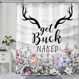 SVBright Get Buck Naked Shower Curtain 60Wx72L Inch Funny Farmhouse Country Rustic Floral Western Grey Mountain Cute Quotes Plants 12 Pack Hooks Polyester Waterproof Fabric Bathroom Bathtub Panels