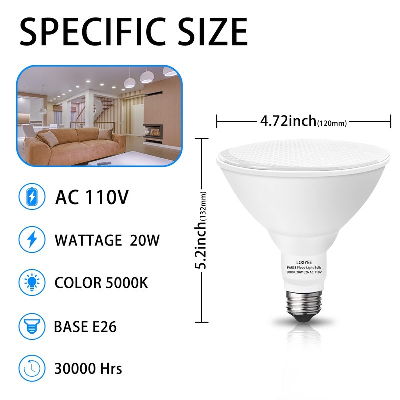 LOXYEE PAR38 LED Outdoor Flood Light Bulbs 4 Pack，Dimmable 20W(200W