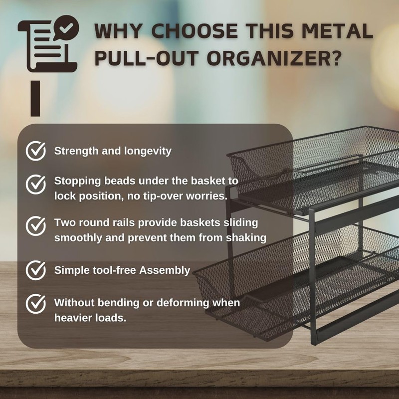 IBERG Under Sink Organizer, 2-Tier Mesh Metal Sliding Storage Basket,