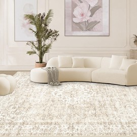 8x10 Area Rugs Washable Rug, Vintage Boho Floral Large Area Rug Soft Non Slip Low Pile Indoor Floor Carpet Retro Kids Rug for Living Room Bedroom Nursery Dining Room Home Office(BohoBeige, 8'x10')